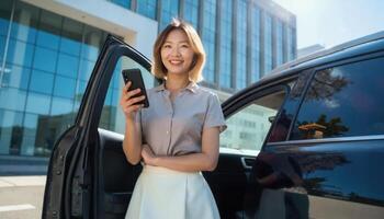 A woman with shoulder length blonde hair, wearing a beige blouse and white skirt, smiles while holding a phone in a car photo