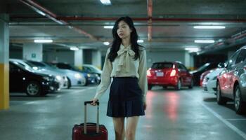 A woman in a white blouse and black skirt walks in a parking garage, carrying a suitcase photo