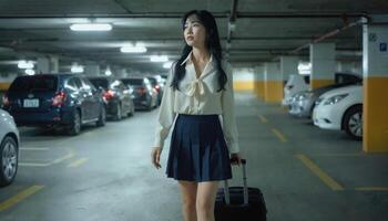 A woman in a white blouse and black skirt walks in a parking garage, carrying a suitcase photo