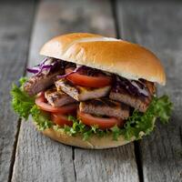 Juicy sandwich with lettuce, grilled meat, cabbage in bun, rustic setting highlights For Social Media Post Size photo