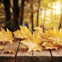Golden autumn leaves on rustic table, blurred forest bathed in warm light For Social Media Post Size photo
