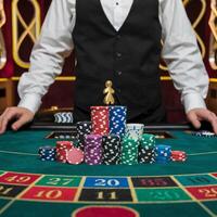 Stack of poker chips topped with gold pawn, dealer in high stakes gambling setting For Social Media Post Size photo