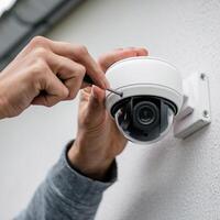 Hands adjusting white security camera on wall with tool, securing placement For Social Media Post Size photo