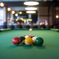 Green pool table with balls in formation, blurred background highlights rooms lighting For Social Media Post Size photo
