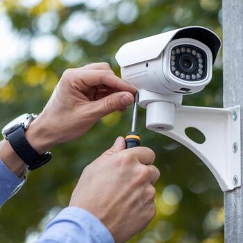 Hands with watch install security camera on white bracket, greenery in background For Social Media Post Size photo