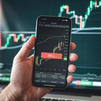 Smartphone with graph, green red bars, and SELL button candlestick chart in background For Social Media Post Size photo
