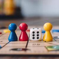 Three colorful game pieces and dice on board, focused interaction, blurred background For Social Media Post Size photo
