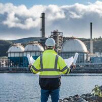 Engineer in safety gear holds blueprints, facing industrial facility by water with spherical tanks For Social Media Post Size photo
