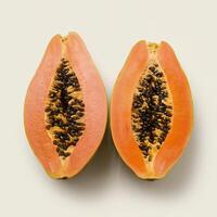 Halved papaya with vibrant orange flesh and black seeds, white background highlighting freshness For Social Media Post Size photo
