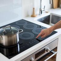 Modern kitchen, hand presses button on induction stove, pot and clean countertop visible For Social Media Post Size photo
