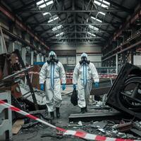 Two people in protective suits navigate debris in a disordered factory or warehouse For Social Media Post Size photo
