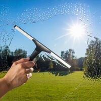 Window with water droplets cleaned with squeegee, revealing blue sky and green field For Social Media Post Size photo