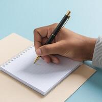 Hand poised with pen, ready to write on lined notepad, black pen visible For Social Media Post Size photo