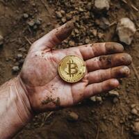 Dirt-covered hand holds shiny Bitcoin, soil and rocks in background For Social Media Post Size photo