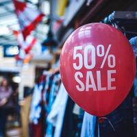 Red balloon with 50 OFF SALE, blurred background suggests a store setting For Social Media Post Size photo