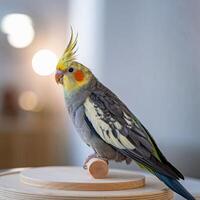 Cockatiel with yellow crest, orange cheek patches, and gray feathers, blurred indoor background For Social Media Post Size photo