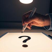 Hand with marker near question mark on whiteboard, glow emphasizes inquiry For Social Media Post Size photo