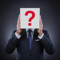 Mans deep thought expressed with red-question-mark box For Social Media Post Size photo