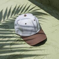 Light baseball cap on textured surface, shadow of palm tree adds tropical vibe For Social Media Post Size photo