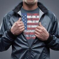 Jacket unzipped to reveal American flag print, muted background For Social Media Post Size photo