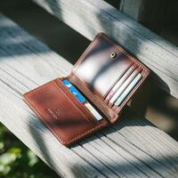 Open brown leather wallet with cards visible, resting on outdoor wooden bench For Social Media Post Size photo