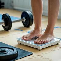 Bare feet on scale, dumbbell in background, fitness focus For Social Media Post Size photo