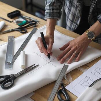Designer marks fabric on table with tools and sketches, hands focus on precision For Social Media Post Size photo