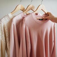 Three sweaters on hangers, hand holding peach one, suggesting selection For Social Media Post Size photo