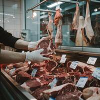 Gloved hands handle meat in display case with price tags, butcher shop ambiance For Social Media Post Size photo
