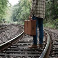Figure on railway tracks with vintage suitcase, surrounded by lush trees, calm atmosphere For Social Media Post Size photo
