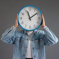 Person in denim jacket holds large clock obscuring face, adding visual intrigue For Social Media Post Size photo