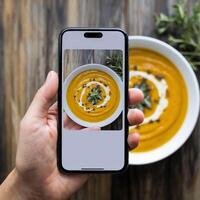 Hand holds smartphone displaying Pumpkin Soup recipe, easy cooking, inviting details For Social Media Post Size photo