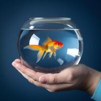 Hand holds fishbowl with goldfish swimming against a blue background, capturing motion For Social Media Post Size photo