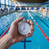 Hand holds stopwatch in foreground of swimming pool with lanes and flags For Social Media Post Size photo