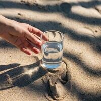Clear glass of water on sandy beach, hand reaching toward it under sunlight For Social Media Post Size photo