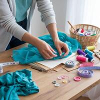 Person works with turquoise fabric, surrounded by threads, buttons, and measuring tape For Social Media Post Size photo