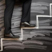 Legs in black trousers step on chalk drawn staircase, symbolizing progress and ambition For Social Media Post Size photo