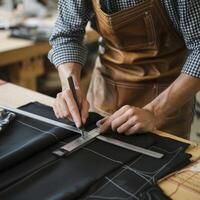 Tailor marks straight line on black fabric, using ruler, in workshop setting For Social Media Post Size photo