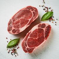 Two raw steaks with basil and peppercorns, presented on a white background For Social Media Post Size photo