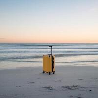 Yellow Suitcase on Sandy Beach, Peaceful Ocean Background For Social Media Post Size photo