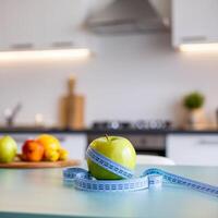 Apple wrapped in measuring tape on table, blurred modern kitchen backdrop For Social Media Post Size photo