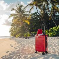 Red suitcase with Santa hat on sunny beach, palm trees swaying gently For Social Media Post Size photo