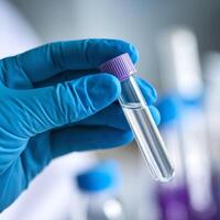 Gloved hand holding clear test tube, lab setting with blurred background For Social Media Post Size photo
