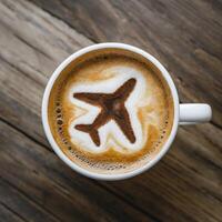 Coffee cup with airplane design on froth, creative presentation suggests relaxation For Social Media Post Size photo