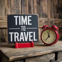 Rustic table with TIME TO TRAVEL sign, vintage clock evokes adventure For Social Media Post Size photo