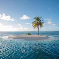 Isolated palm on sandy atoll, tranquil ocean, clear sky and soft clouds For Social Media Post Size photo