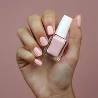 Hand holds transparent nail polish bottle, soft pink nails complement muted background For Social Media Post Size photo
