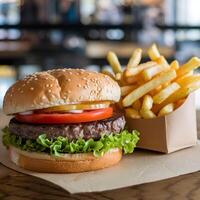 Hamburger with fries in paper container, classic fast food pairing For Social Media Post Size photo