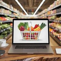 Laptop shows shopping basket with fruits, blending digital and in store experiences For Social Media Post Size photo