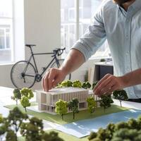 Man arranges trees on architectural model, modern office setting with bicycle For Social Media Post Size photo